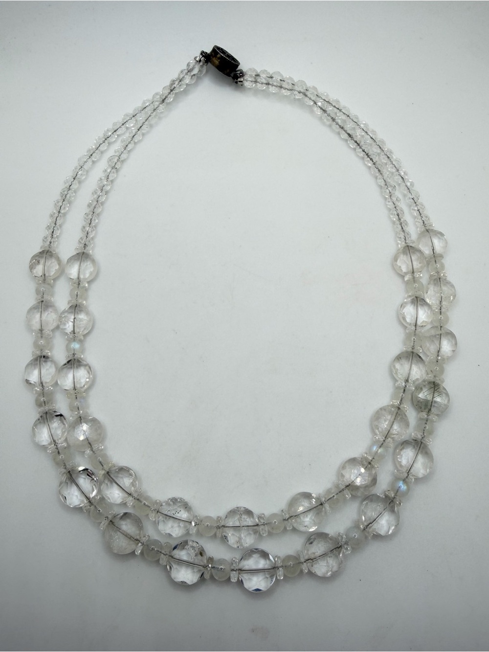 19" Two strands, faceted Quartz and moonstone beaded necklace w/ 925 box clasp!